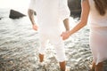 Happy romantic fashion couple in love have fun on beautiful sea at summer day Royalty Free Stock Photo