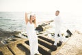 Happy romantic fashion couple in love have fun on beautiful sea at summer day Royalty Free Stock Photo