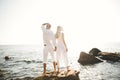 Happy romantic fashion couple in love have fun on beautiful sea at summer day Royalty Free Stock Photo