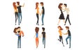 Happy Romantic Loving Couple Collection, Young Men and Women Characters Hugging, Walking and Dancing Vector Illustration