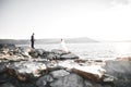 Happy and romantic scene of just married young wedding couple posing on beautiful beach Royalty Free Stock Photo