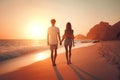 Happy Romantic Young Couple Enjoying Beautiful Sunset Walk on the Beach. Travel Vacation Lifestyle Royalty Free Stock Photo