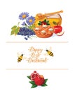 Happy Rosh Hashanah vector greeting card with bees. New year poster in modern style. Shana tova