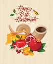 Happy Rosh Hashanah vector greeting card with bees and pomegranate. New year poster in modern style. Shana tova