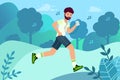 Happy runner listens to music. Outdoor training, athletics