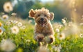 Happy running dog in a meadow full of flowers and green grass, bright