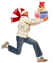 Happy running man with Xmas gifts