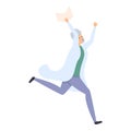 Happy running scientist icon, cartoon style