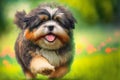 Happy Russian colored lapdog runs runs on green grass.
