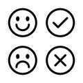 Happy, sad face, check, and cross mark icon vector. Reviews of satisfied and disappointed customers