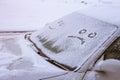 Happy and sad smiley emoticon face in snow on car windows, winter season joy and happiness concept Royalty Free Stock Photo