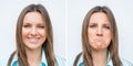 Happy and sad woman face. Young woman expressing different emotions. Different moods of same woman. Bipolar disorder Royalty Free Stock Photo