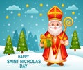 Happy Saint Nicholas day, cute Sinterklaas character with present. St Nicolas holiday. Christmas Santa winter greeting card vector Royalty Free Stock Photo