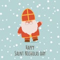 Happy Saint Nicholas Day. Sinterklaas Eve. Greeting Card with cute character gnome. Winter holiday day. Vector flat