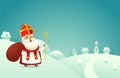 Happy Saint Nicholas day - winter scene greeting card or banner on turquoise background