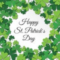 Happy Saint Patrick Day congratulation card with clower, shamrock. Royalty Free Stock Photo