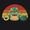 Happy Saint Patricks day poster with funky leprechaun potato character with green Patricks hat and Pot Full of Golden Royalty Free Stock Photo