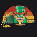 Happy Saint Patricks day poster with funky leprechaun potato character with green Patricks hat and Pot Full of Golden Royalty Free Stock Photo