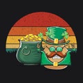 Happy Saint Patricks day poster with funky leprechaun potato character with green Patricks hat and Pot Full of Golden Royalty Free Stock Photo