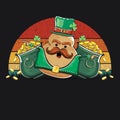 Happy Saint Patricks day poster with funky leprechaun potato character with green Patricks hat and Pot Full of Golden Royalty Free Stock Photo