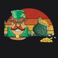 Happy Saint Patricks day poster with funky leprechaun potato character with green Patricks hat and Pot Full of Golden Royalty Free Stock Photo