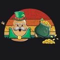 Happy Saint Patricks day poster with funky leprechaun potato character with green Patricks hat and Pot Full of Golden Royalty Free Stock Photo