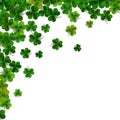 Happy Saint Patrick`s day background with realistic shamrock leaves, decorative frame template, vector illustration