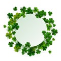 Happy Saint Patrick`s day, blank paper banner on shamrock leaves background, vector illustration