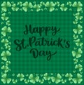 Happy Saint Patrick\'s day card with frame shamrock clover on green gingham background. Irich holiday greeting card