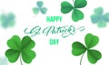Happy Saint Patrick`s day card with shamrock clover on white background. Vector St Patrick lettering