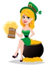 Cute lady in leprechaun costume sitting on pot with gold and holding a pint of beer