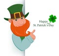 Happy Saint Patrick`s Day. Cartoon happy leprechaun standing behind the sign. Royalty Free Stock Photo