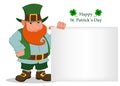 Happy Saint Patrick`s Day. Cartoon happy leprechaun standing near big blank sign.