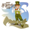 Happy Saint Patrick s Day. Character with green hat. Cartoon funny leprechaun with clover. Vector illustration
