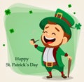 Cartoon funny leprechaun with smoking pipe and walking cane