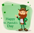 Happy Saint Patrick`s Day. Character with green hat. Cartoon funny leprechaun waving hand.