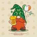 Happy Saint Patrick`s Day With Cute Gnome, Beer And Irish Heart Balloon. Cute Cartoon Illustration