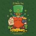 Happy Saint Patrick`s Day With Cute Gnome Leprechaun, And Gold Coins. Cute Cartoon Illustration. Good Luck
