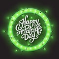 Happy Saint Patrick`s Day green retro neon circle frame, led shiny lights garland, vector illustration