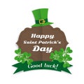 Happy Saint Patrick`s Day Greeting card leprechaun hat clover leaves. Royalty Free Stock Photo