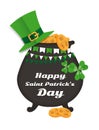 Happy Saint Patrick`s Day Greeting card pot gold clover leaves. Royalty Free Stock Photo