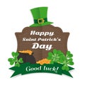 Happy Saint Patrick`s Day Greeting card pot gold clover leaves. Royalty Free Stock Photo