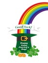 Happy Saint Patrick`s Day Greeting card rainbow, leprechaun hat clover . Royalty Free Stock Photo