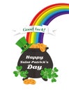 Happy Saint Patrick`s Day Greeting card rainbow, pot gold clover . Royalty Free Stock Photo