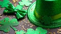 Happy Saint Patrick`s Day greeting card with traditional symbols, shamrock, green attire. Green hat, bow tie, St Patricks Day Royalty Free Stock Photo