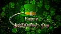 Happy Saint Patrick`s Day With Green Leaf Clovers Glitter Dust And Light Particle Angle Swirl Around The Hat Royalty Free Stock Photo
