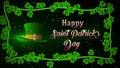 Happy Saint Patrick`s Day Greeting With Hat Exposed By Green Light Lens Flare Inside Green Vines Leaf Clovers Frame Border Royalty Free Stock Photo