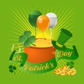 Happy Saint Patrick\'s Day greetings with hat, sunburst, pot of gold coins, clover, balloons Royalty Free Stock Photo