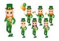 Happy Saint Patrick`s Day with leprechaun boy with beer glass, Irish flag and Irish Balloon. Royalty Free Stock Photo