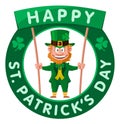 Happy Saint Patrick`s Day. Leprechaun holds banner.